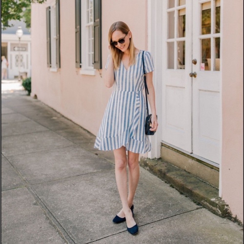 J. Crew Factory Blue Striped Faux Wrap Dress Size 10 Derby Preppy